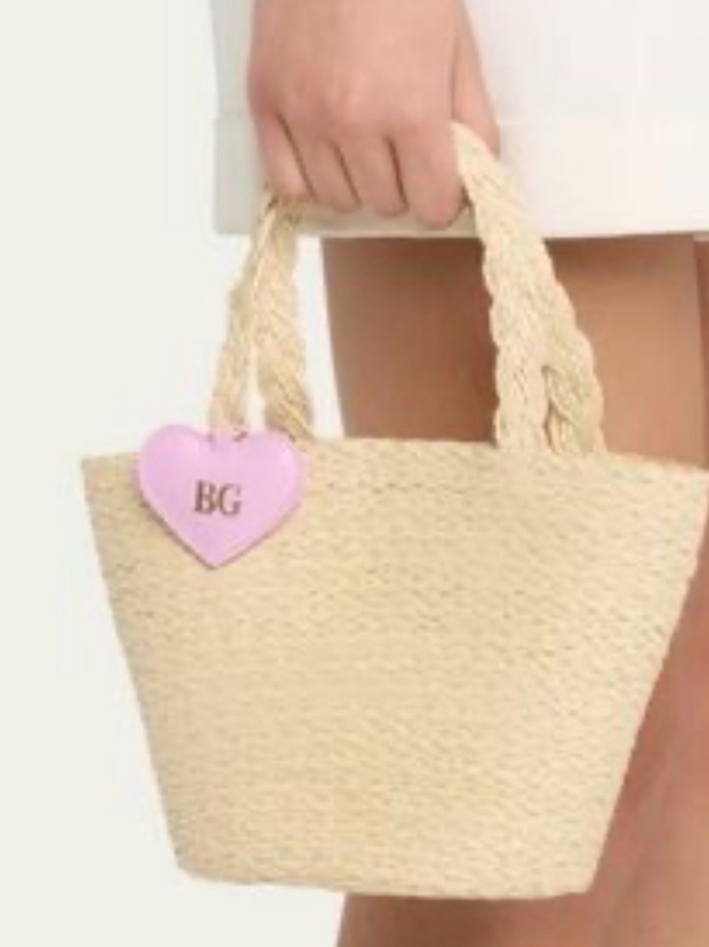 Braided Handle Straw Tote with Pink Heart Tag